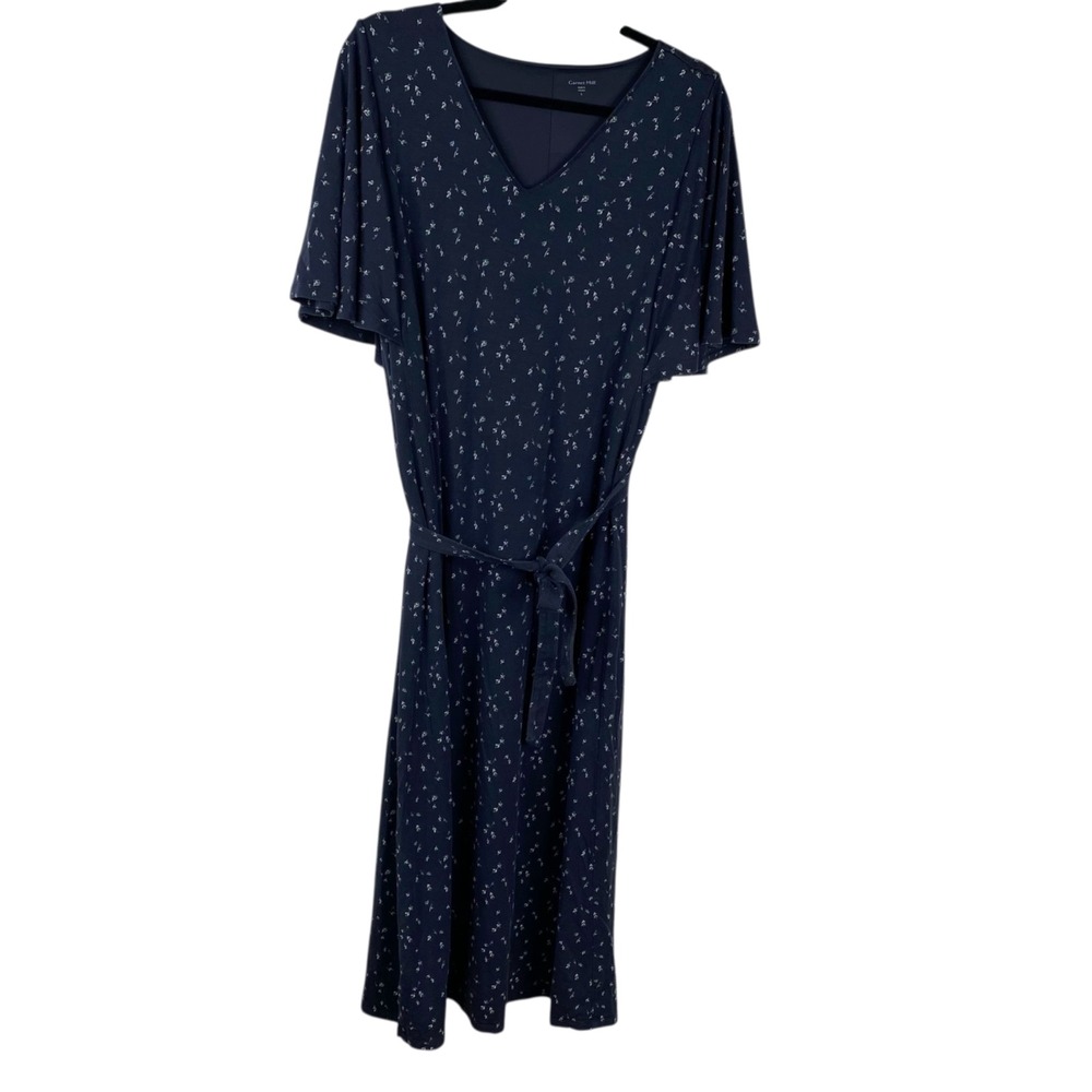 Garnet Hill Women's Floral Tie Waist Midi Cottage Core Modest Dress Blue Size S